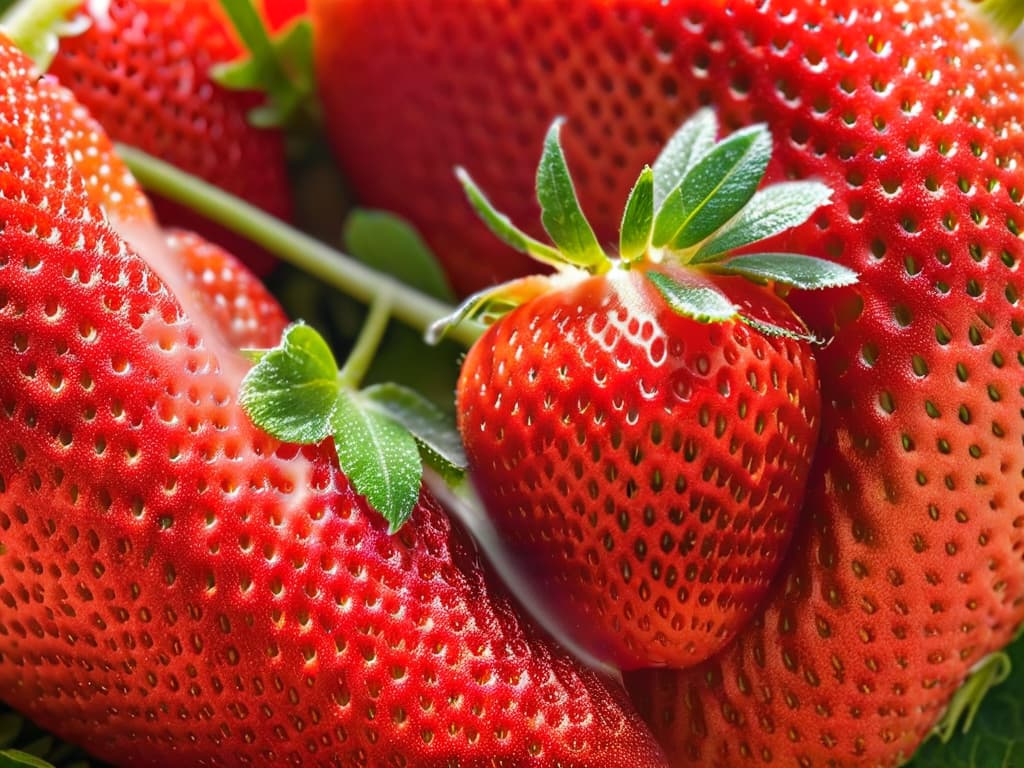  A closeup, ultradetailed image of a perfectly ripe, juicy strawberry sliced in half, showcasing its vibrant red color, glistening seeds, and fresh green stem. The image captures the intricate details of the fruit's texture, highlighting the natural beauty of this healthy and delicious ingredient for guiltfree desserts. hyperrealistic, full body, detailed clothing, highly detailed, cinematic lighting, stunningly beautiful, intricate, sharp focus, f/1. 8, 85mm, (centered image composition), (professionally color graded), ((bright soft diffused light)), volumetric fog, trending on instagram, trending on tumblr, HDR 4K, 8K