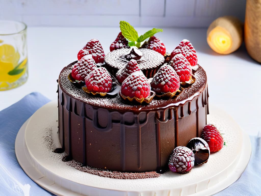  An ultradetailed photorealistic image of a decadent chocolate cake with intricate layers of amaranth seeds sprinkled between each layer. The cake is elegantly garnished with fresh raspberries, mint leaves, and a dusting of powdered sugar on top. The rich chocolate ganache drips down the sides of the cake, showcasing a glossy finish that glistens under the soft lighting, highlighting the textural contrast between the smooth frosting and the crunchy amaranth seeds. The background features a rustic wooden table with subtle bokeh effect, enhancing the professional and inspirational aspect of incorporating amaranth in dessert recipes. hyperrealistic, full body, detailed clothing, highly detailed, cinematic lighting, stunningly beautiful, intricate, sharp focus, f/1. 8, 85mm, (centered image composition), (professionally color graded), ((bright soft diffused light)), volumetric fog, trending on instagram, trending on tumblr, HDR 4K, 8K