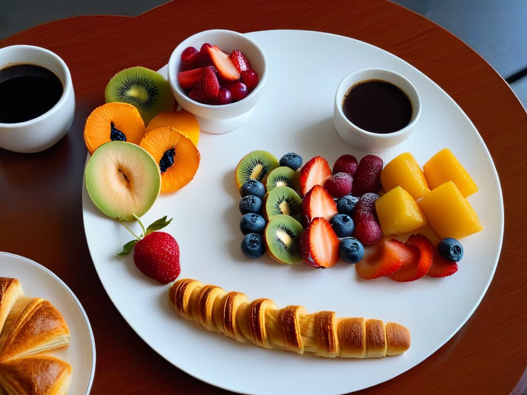  A closeup, ultradetailed image of a meticulously arranged breakfast spread on a sleek, white plate. The plate is adorned with a symmetrical arrangement of colorful fruits, freshly baked pastries, and a perfectly brewed cup of coffee. Each element of the breakfast display is placed with precision, showcasing the artistry and creativity involved in presenting a magical morning meal. hyperrealistic, full body, detailed clothing, highly detailed, cinematic lighting, stunningly beautiful, intricate, sharp focus, f/1. 8, 85mm, (centered image composition), (professionally color graded), ((bright soft diffused light)), volumetric fog, trending on instagram, trending on tumblr, HDR 4K, 8K