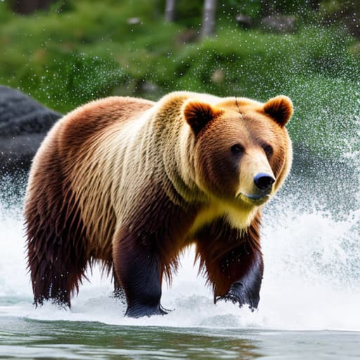 portrait+ style Grizzly bear catching salmon hyperrealistic, full body, detailed clothing, highly detailed, cinematic lighting, stunningly beautiful, intricate, sharp focus, f/1. 8, 85mm, (centered image composition), (professionally color graded), ((bright soft diffused light)), volumetric fog, trending on instagram, trending on tumblr, HDR 4K, 8K