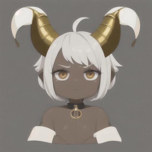  A cute short with beige horns, dark gray skin, white hair, big s.