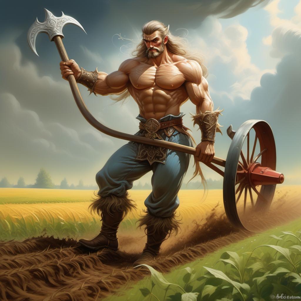  fairy tale Slavic hero in shirt and pants plows a field with a plow, 8K photos, Alessio Balbi, sakimichan Frank frazetta, detailed airbrush drawing, hand-painted on . magical, fantastical, enchanting, storybook style, highly detailed