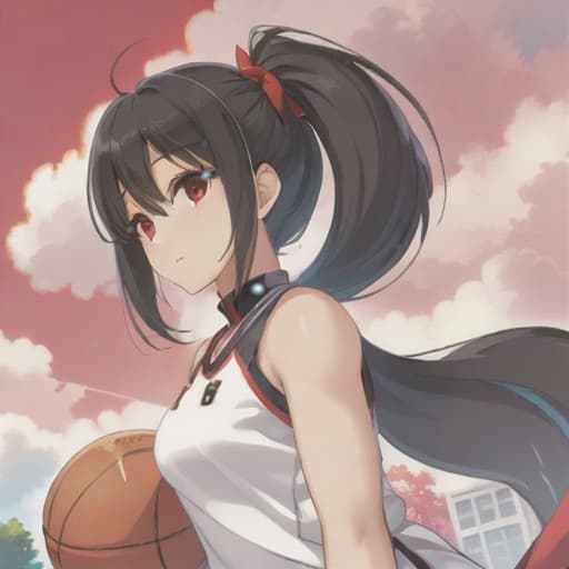  anime girl black hair bright dark brown eyes red and white basketball uniform with the number 18 and the name Nicky white and black shoes Have your hair in a medium high ponytail with two strands on the sides of your ears, have a basketball and look full body Pastel Palette, Da Vinci's Dreams, Picasso's , Sunrise Splendors, Floral Fantasy, Mystical Moonscapes, Urban Nature, Crystal Clear, Cinematic hyperrealistic, full body, detailed clothing, highly detailed, cinematic lighting, stunningly beautiful, intricate, sharp focus, f/1. 8, 85mm, (centered image composition), (professionally color graded), ((bright soft diffused light)), volumetric fog, trending on instagram, trending on tumblr, HDR 4K, 8K