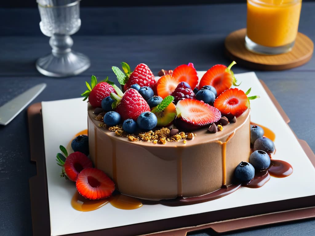  A closeup, ultradetailed image of a beautifully arranged plate with a selection of colorful and mouthwatering diabeticfriendly desserts. The plate includes a perfectly sliced sugarfree cheesecake topped with fresh berries, a delicate chia seed pudding drizzled with sugarfree caramel sauce, and a small portion of rich dark chocolate avocado mousse garnished with mint leaves. The desserts are elegantly presented on a crisp white plate against a soft, neutral background, showcasing their vibrant colors and exquisite textures. hyperrealistic, full body, detailed clothing, highly detailed, cinematic lighting, stunningly beautiful, intricate, sharp focus, f/1. 8, 85mm, (centered image composition), (professionally color graded), ((bright soft diffused light)), volumetric fog, trending on instagram, trending on tumblr, HDR 4K, 8K