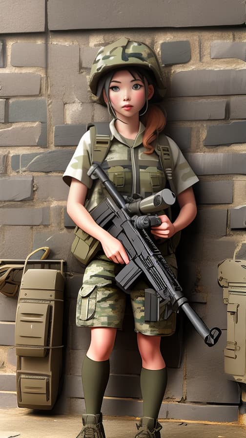  Two heads full body commando camouflage clothing machine gun fighting girl cute