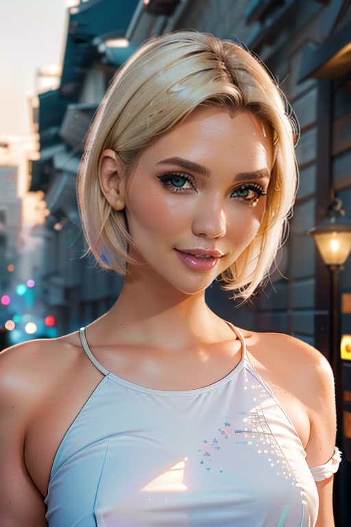  1girl,1girl,blonde short hair,straight hair,upper body shot,shirt,smile hyperrealistic, full body, detailed clothing, highly detailed, cinematic lighting, stunningly beautiful, intricate, sharp focus, f/1. 8, 85mm, (centered image composition), (professionally color graded), ((bright soft diffused light)), volumetric fog, trending on instagram, trending on tumblr, HDR 4K, 8K