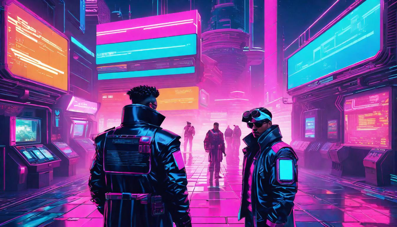  vaporwave,cyberpunk game style Visionary leaders, bridging realms, divine and profoundeon, dystopian, futuristic, digital, vibrant, detailed, high contrast, reminiscent of cyberpunk genre video games,retro aesthetic, cyberpunk, vibrant, neon colors, vintage 80s and 90s style, highly detailed