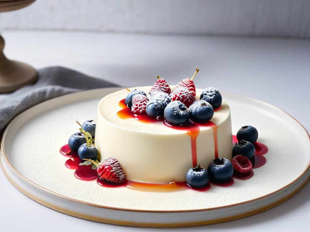  An ultradetailed closeup image of a creamy and smooth homemade kefir panna cotta topped with ripe red berries and a drizzle of honey, beautifully presented on a sleek, modern white plate with a delicate silver spoon resting beside it. The panna cotta is set against a soft, blurred background to emphasize its velvety texture and vibrant colors, creating a sense of elegance and indulgence. hyperrealistic, full body, detailed clothing, highly detailed, cinematic lighting, stunningly beautiful, intricate, sharp focus, f/1. 8, 85mm, (centered image composition), (professionally color graded), ((bright soft diffused light)), volumetric fog, trending on instagram, trending on tumblr, HDR 4K, 8K