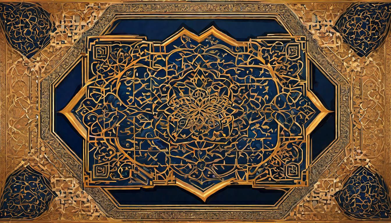  digital painting of Walls adorned with intricate Islamic geometric patterns, under which a series of ancient relics lie, symbolizing the narrative histories, lessons beyond time, spiritual echoes looking at viewer, dynamic pose, (intricate details, masterpiece, best quality)