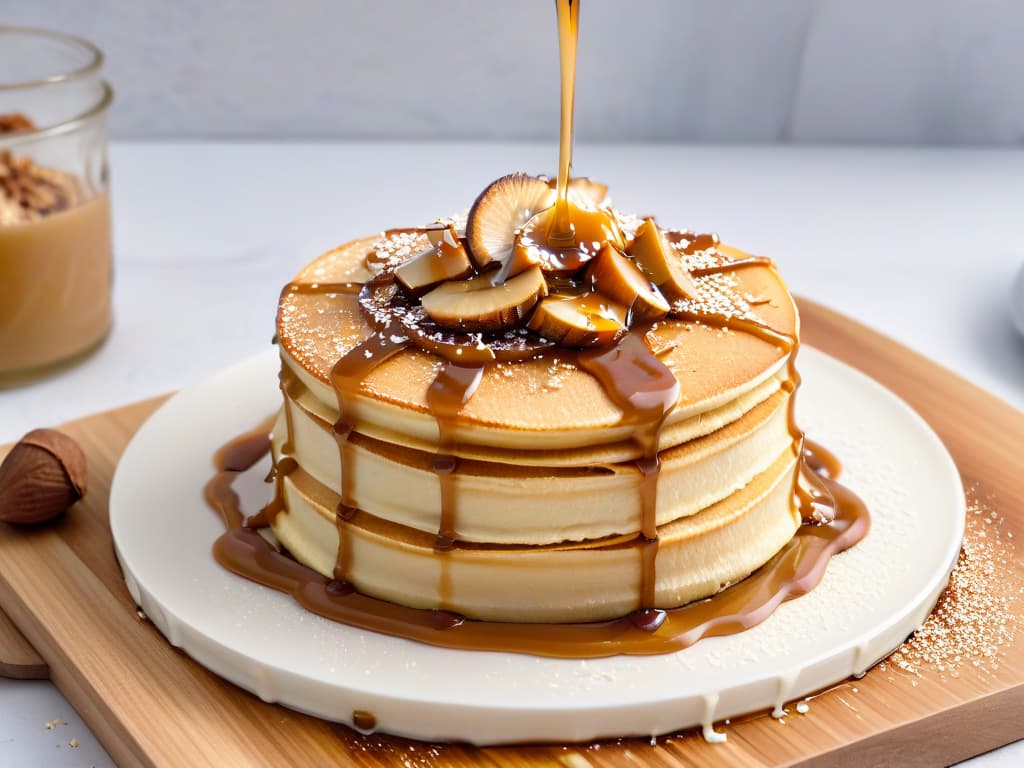  A closeup, highresolution image of a creamy vegan coconut milk caramel sauce being drizzled elegantly over a stack of vegan pancakes, with a sprinkle of toasted coconut flakes on top. The caramel sauce is thick, glossy, and slightly dripping down the sides of the pancakes, creating a visually appealing and appetizing image that perfectly represents a vegan alternative to condensed milk in recipes. hyperrealistic, full body, detailed clothing, highly detailed, cinematic lighting, stunningly beautiful, intricate, sharp focus, f/1. 8, 85mm, (centered image composition), (professionally color graded), ((bright soft diffused light)), volumetric fog, trending on instagram, trending on tumblr, HDR 4K, 8K