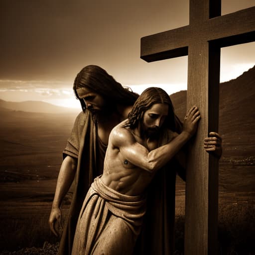  Jesus crucified between two other crosses, disciples grieving, mother Mary in sorrow, realistic rendering, high resolution, photorealistic, detailed depiction, emotional atmosphere, somber background, dramatic lighting, ultra sharp, intense shadows, cinematic composition.