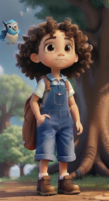  {The tree shining brightly and releasing a gentle, magical light., Riley, a curious with big brown eyes and curly hair, wearing overalls and carrying a small backpack. Their friend, Skye, a bluebird with shiny feathers.