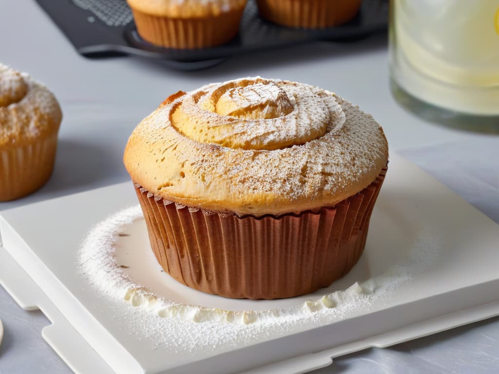  A closeup, ultradetailed image of a freshly baked golden cañihua muffin sprinkled with powdered sugar, sitting on a sleek, modern white plate. The muffin is perfectly domed, with visible specks of cañihua grains peeking out of the soft, moist texture. The powdered sugar on top glistens under a soft light, highlighting the intricate crumb structure of the muffin. The background is a subtle gradient that subtly emphasizes the muffin as the focal point, creating a minimalistic yet enticing visual. hyperrealistic, full body, detailed clothing, highly detailed, cinematic lighting, stunningly beautiful, intricate, sharp focus, f/1. 8, 85mm, (centered image composition), (professionally color graded), ((bright soft diffused light)), volumetric fog, trending on instagram, trending on tumblr, HDR 4K, 8K