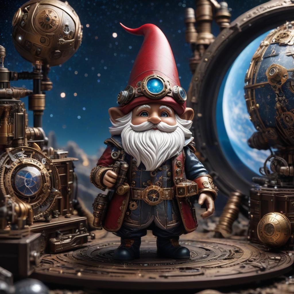  space themed “Steampunk gnome, detailed, with many fine details and patterns, majestic pose, dynamic composition, high resolution, digital art” . cosmic, celestial, stars, galaxies, nebulas, planets, science fiction, highly detailed hyperrealistic, full body, detailed clothing, highly detailed, cinematic lighting, stunningly beautiful, intricate, sharp focus, f/1. 8, 85mm, (centered image composition), (professionally color graded), ((bright soft diffused light)), volumetric fog, trending on instagram, trending on tumblr, HDR 4K, 8K