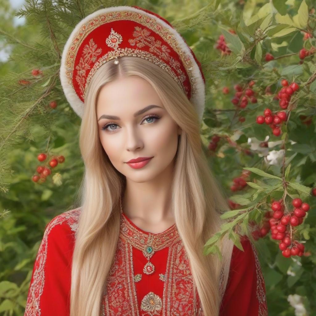  A beautiful Russian girl, with blond hair, dances, in a national folk suit, with a kokoshnik on her head.Style art