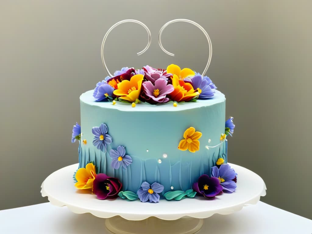  A photorealistic image of a beautifully decorated threetiered cake, with intricate piping details, vibrant edible flowers, and delicate fondant decorations. The cake is displayed on a crisp white cake stand, set against a softfocus background that enhances the vibrant colors and exquisite craftsmanship of the confection. The image captures the artistry and skill involved in creating stunning pastries, perfect for inspiring readers to master the art of baking and pastry through online courses. hyperrealistic, full body, detailed clothing, highly detailed, cinematic lighting, stunningly beautiful, intricate, sharp focus, f/1. 8, 85mm, (centered image composition), (professionally color graded), ((bright soft diffused light)), volumetric fog, trending on instagram, trending on tumblr, HDR 4K, 8K