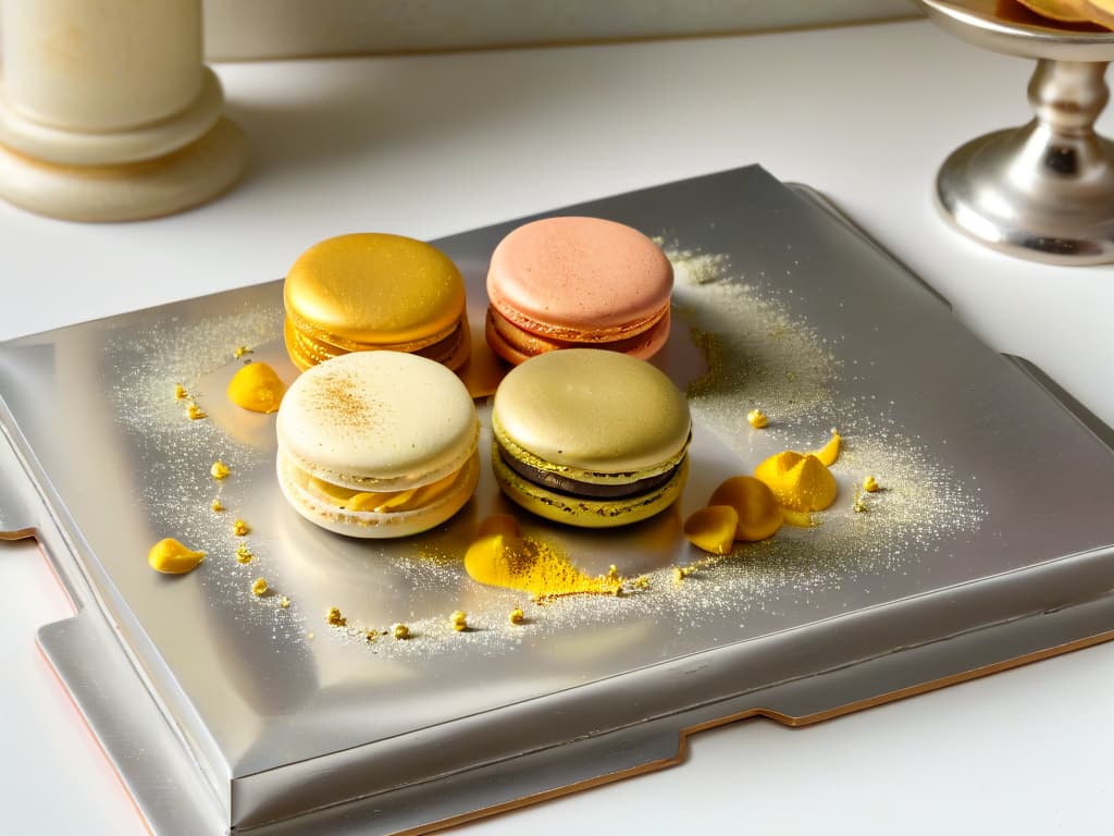  A closeup, ultrahigh resolution image of a delicate macaron with a subtle shimmering dusting of edible gold powder on its surface. The macaron is elegantly placed on a vintage, slightly tarnished silver platter, creating a stark contrast between the modern dessert and the historical element of the serving dish. The soft, pastel color of the macaron stands out against the muted metallic tones of the platter, showcasing the fusion of traditional aesthetics with contemporary culinary artistry. hyperrealistic, full body, detailed clothing, highly detailed, cinematic lighting, stunningly beautiful, intricate, sharp focus, f/1. 8, 85mm, (centered image composition), (professionally color graded), ((bright soft diffused light)), volumetric fog, trending on instagram, trending on tumblr, HDR 4K, 8K