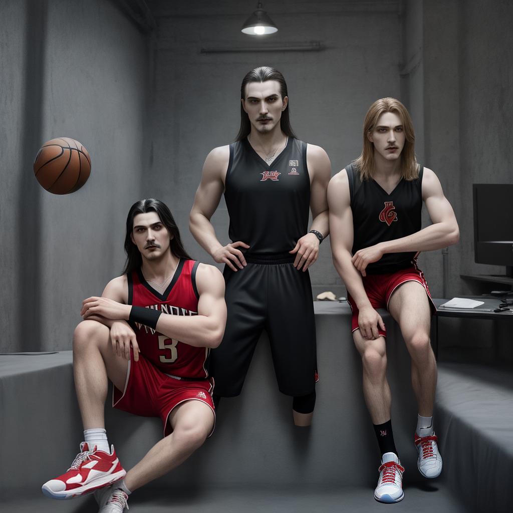  masterpiece, best quality, Vampire Vlad Dracula Țepeș from the series Castlevania, Dressed in a basketball jersey, tank top style top jersey, above knee bottom jersey, the jersey is for the team known as the bats, add bats to the jersey design. Wearing red sneakers on feet. Make vampire Vlad Dracula Țepeș a basketball player. Single person in photo. Pose with Crossed Arms and straight legs. Basketball between the feet.Do not add more than one person.