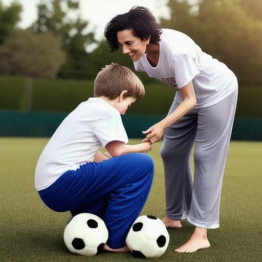  mother playing football and son, mother wiring: a robe without anything else, wiring son : t-shirt and pant