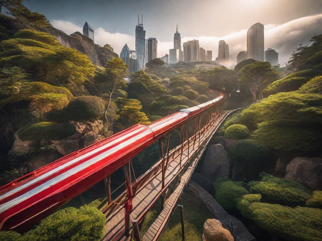  A roller coaster track with sharp ups and downs against a backdrop of financial graphs and stock market screens, symbolizing market volatility. digital art, ilustration, no flares, clean hyperrealistic, full body, detailed clothing, highly detailed, cinematic lighting, stunningly beautiful, intricate, sharp focus, f/1. 8, 85mm, (centered image composition), (professionally color graded), ((bright soft diffused light)), volumetric fog, trending on instagram, trending on tumblr, HDR 4K, 8K