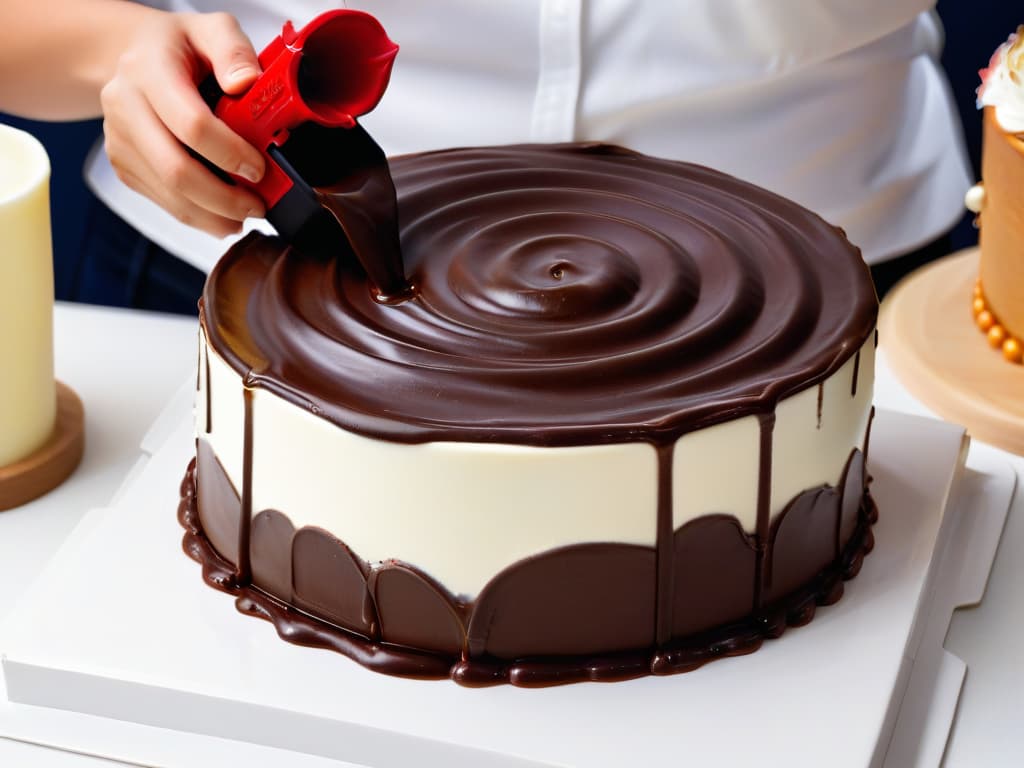  A closeup, ultradetailed image of a perfectly swirled, glossy chocolate ganache being poured over a decadent cake, showcasing the smooth, creamy texture and rich color of the ganache. The image captures the moment of indulgence and precision in pastrymaking, highlighting the importance of consistency in achieving a flawless dessert presentation. hyperrealistic, full body, detailed clothing, highly detailed, cinematic lighting, stunningly beautiful, intricate, sharp focus, f/1. 8, 85mm, (centered image composition), (professionally color graded), ((bright soft diffused light)), volumetric fog, trending on instagram, trending on tumblr, HDR 4K, 8K