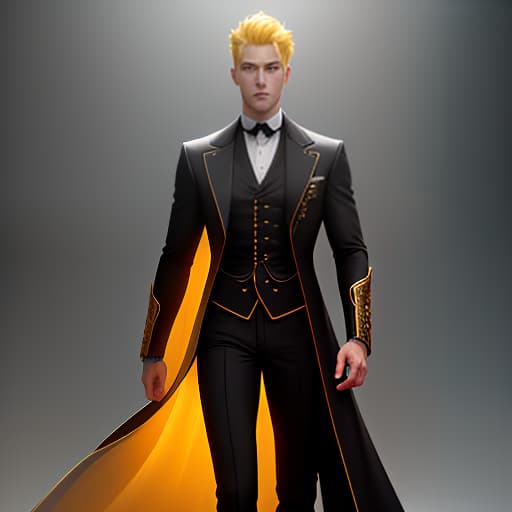  On the image, there is one young man. He is standing upright. He has yellow hair. He has blue eyes. On him, there is a black long tailcoat with yellow inserts. hyperrealistic, full body, detailed clothing, highly detailed, cinematic lighting, stunningly beautiful, intricate, sharp focus, f/1. 8, 85mm, (centered image composition), (professionally color graded), ((bright soft diffused light)), volumetric fog, trending on instagram, trending on tumblr, HDR 4K, 8K