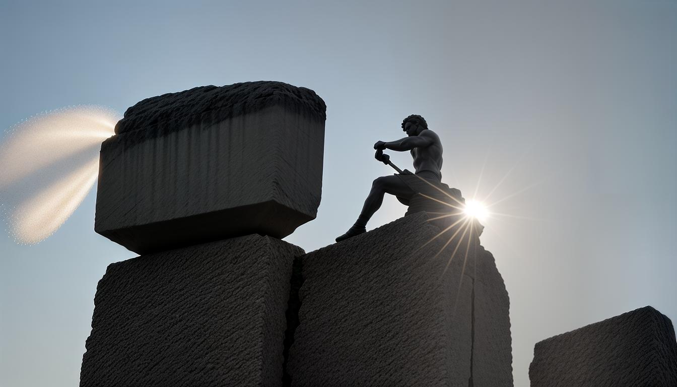  cinematic, aesthetic, A sculptor chiseling a rough stone block, gradually revealing a beautifully detailed statue, fine dust in the air, focused and delicate work, symbolizing change and transformation, 4k, HDR, lens flare