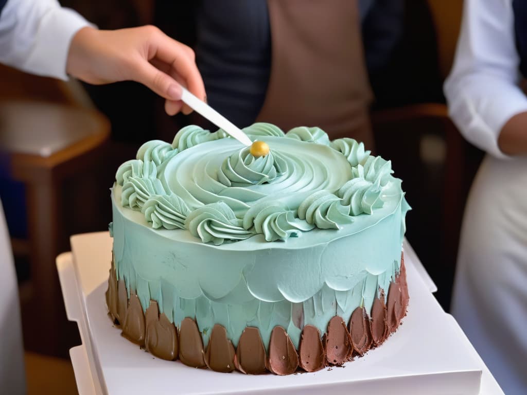  A closeup, ultradetailed 8k image of a diverse group of bakers, each meticulously decorating a cake layer with vibrant colored frosting. The image focuses on their hands delicately piping intricate designs, showcasing the artistry and inclusivity of baking. The background is a soft, blurred pastel palette, emphasizing the precision and skill involved in this inclusive baking practice. hyperrealistic, full body, detailed clothing, highly detailed, cinematic lighting, stunningly beautiful, intricate, sharp focus, f/1. 8, 85mm, (centered image composition), (professionally color graded), ((bright soft diffused light)), volumetric fog, trending on instagram, trending on tumblr, HDR 4K, 8K