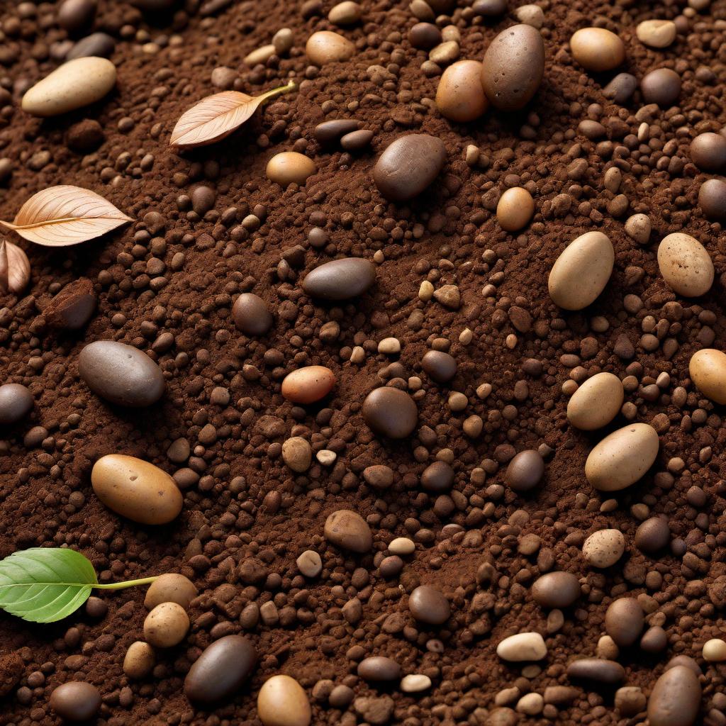  A realistic close-up view of dirt. The image should show the rich, earthy texture of soil with small rocks and organic matter, like roots or decomposed leaves, visible within the dirt. The soil should appear moist and dark brown, indicating its fertility. The background should be blurred to emphasize the detail in the dirt. hyperrealistic, full body, detailed clothing, highly detailed, cinematic lighting, stunningly beautiful, intricate, sharp focus, f/1. 8, 85mm, (centered image composition), (professionally color graded), ((bright soft diffused light)), volumetric fog, trending on instagram, trending on tumblr, HDR 4K, 8K