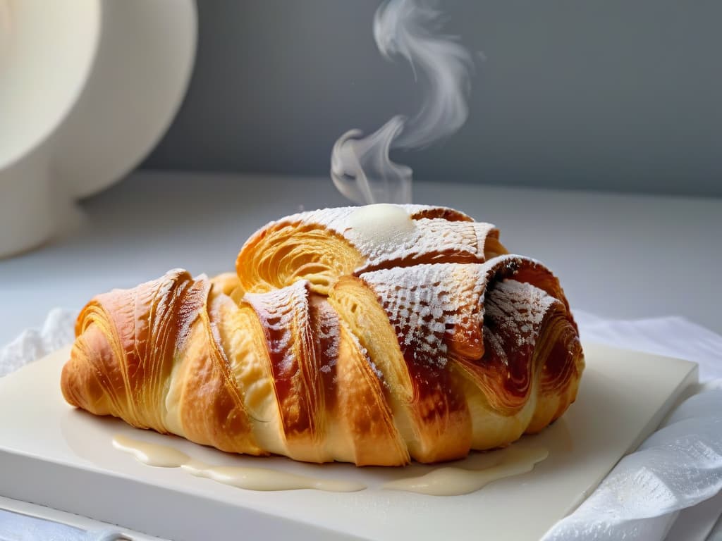  A closeup, ultradetailed image of a golden, flaky croissant freshly baked, with steam still rising from its delicate layers. The buttery sheen on its surface glistens under a soft, natural light, highlighting the intricate patterns of the pastry. Each layer is clearly visible, showcasing the expertise and precision required in the art of pastry making. hyperrealistic, full body, detailed clothing, highly detailed, cinematic lighting, stunningly beautiful, intricate, sharp focus, f/1. 8, 85mm, (centered image composition), (professionally color graded), ((bright soft diffused light)), volumetric fog, trending on instagram, trending on tumblr, HDR 4K, 8K