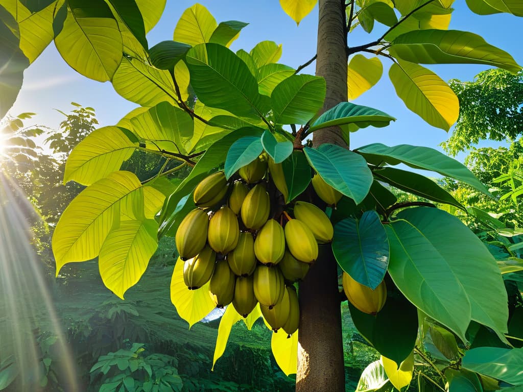  An ultradetailed image of a cacao tree with lush green leaves and vibrant cocoa pods hanging from its branches, set against a backdrop of a clear blue sky and a golden sun shining down, casting a soft glow over the scene. The intricate details of the tree's bark, the textured leaves, and the ripe pods ready for harvest are all beautifully captured in this highresolution image, emphasizing the essence of sustainable chocolate production and the natural beauty of the cacao plant. hyperrealistic, full body, detailed clothing, highly detailed, cinematic lighting, stunningly beautiful, intricate, sharp focus, f/1. 8, 85mm, (centered image composition), (professionally color graded), ((bright soft diffused light)), volumetric fog, trending on instagram, trending on tumblr, HDR 4K, 8K