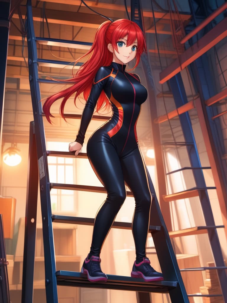  anime artwork "A girl with red hair in a black spandex suit is climbing up a ladder, in a basement warehouse." . anime style, key visual, vibrant, studio anime,  highly detailed