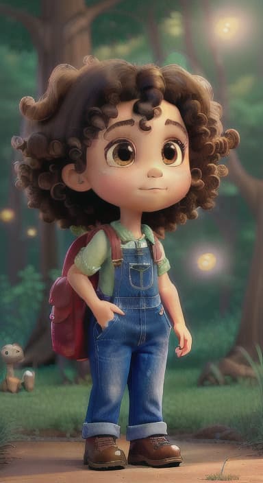  {The tree shining brightly and releasing a gentle, magical light., Riley, a curious with big brown eyes and curly hair, wearing overalls and carrying a small backpack. Their friend, Skye, a bluebird with shiny feathers.