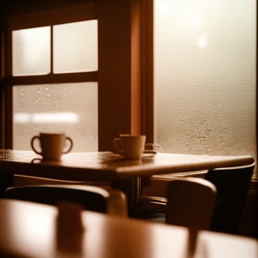 analog style rustic coffee shop on a rainy day, with raindrops blurring the window and patrons silhouetted against the warm interior light, all framed with the vignette characteristic of a vintage lens