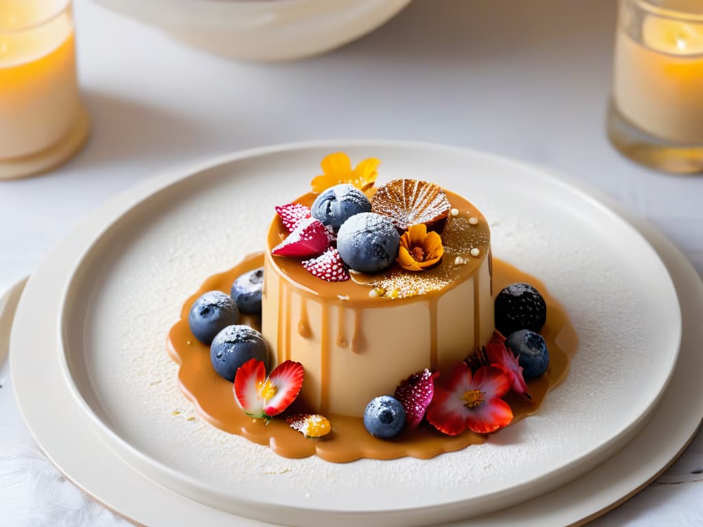  A closeup, ultradetailed image of a delicate, mouthwatering dessert placed on a sleek, modern plate. The dessert is a symphony of contrasting textures and colors, with a glossy caramel drizzle cascading down the sides, delicately placed edible flowers adding a pop of color, and a dusting of gold flakes for a touch of luxury. The background is a soft focus, minimalist setting with a hint of soft, natural lighting creating a warm ambiance around the dessert, emphasizing its beauty and elegance. hyperrealistic, full body, detailed clothing, highly detailed, cinematic lighting, stunningly beautiful, intricate, sharp focus, f/1. 8, 85mm, (centered image composition), (professionally color graded), ((bright soft diffused light)), volumetric fog, trending on instagram, trending on tumblr, HDR 4K, 8K