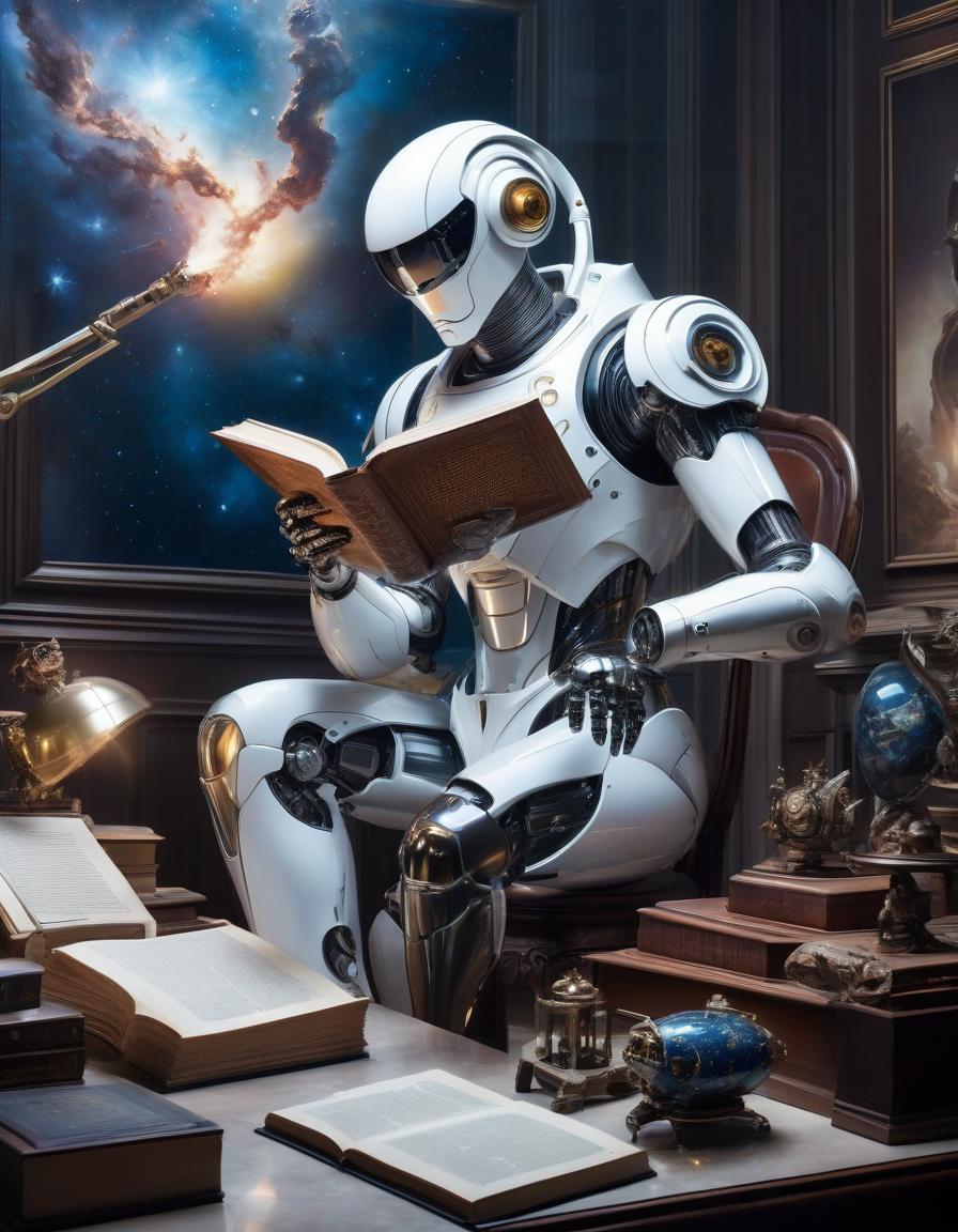  space themed photo Portrait of an attractive transparent white plexiglass robot secretary reading an ancient book at his desk, smoky office atmosphere, 80 degree view. art by Sergio Lopez, Nathalie Shaw, James Jean and Salvador Dali. . cosmic, celestial, stars, galaxies, nebulas, planets, science fiction, highly detailed hyperrealistic, full body, detailed clothing, highly detailed, cinematic lighting, stunningly beautiful, intricate, sharp focus, f/1. 8, 85mm, (centered image composition), (professionally color graded), ((bright soft diffused light)), volumetric fog, trending on instagram, trending on tumblr, HDR 4K, 8K