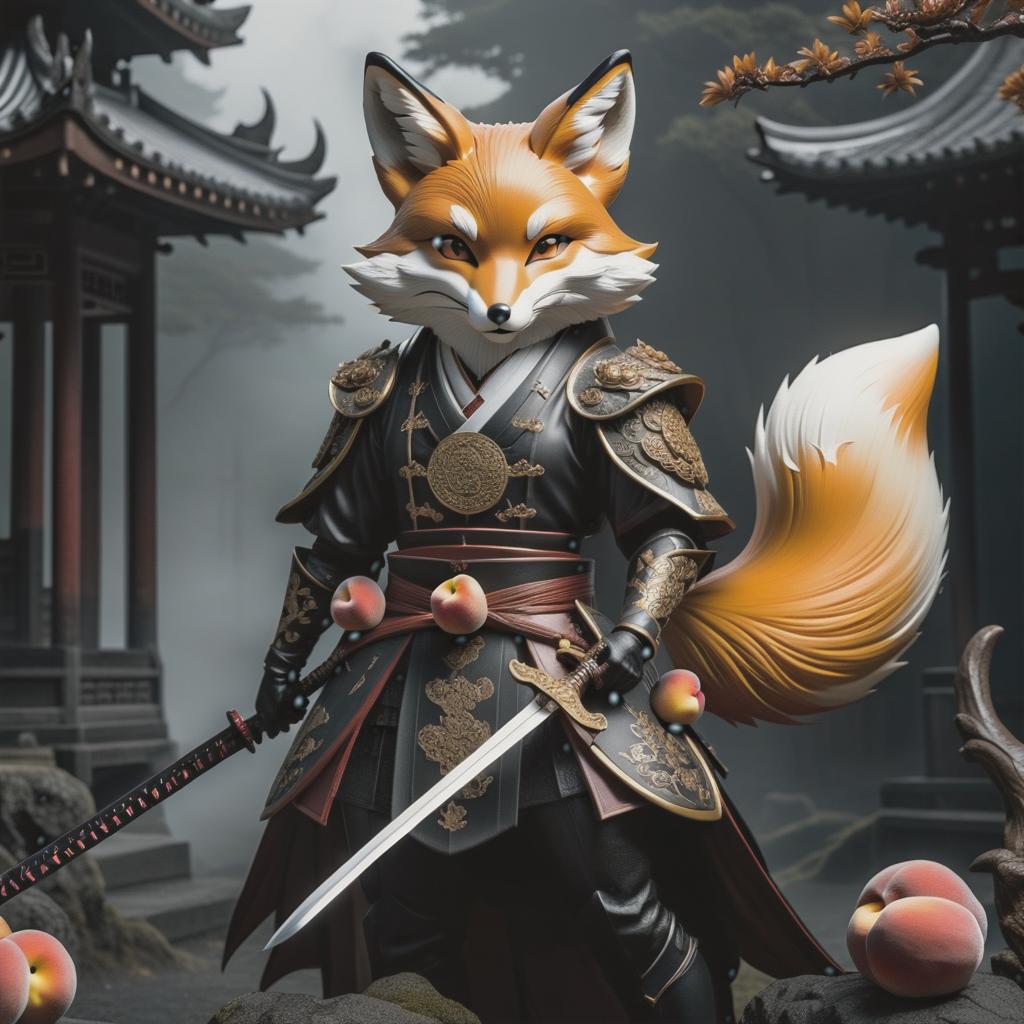  gothic style Playful Japanese fox with a sword and peach in hands. . dark, mysterious, haunting, dramatic, ornate, detailed hyperrealistic, full body, detailed clothing, highly detailed, cinematic lighting, stunningly beautiful, intricate, sharp focus, f/1. 8, 85mm, (centered image composition), (professionally color graded), ((bright soft diffused light)), volumetric fog, trending on instagram, trending on tumblr, HDR 4K, 8K