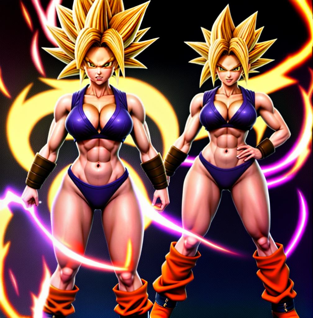  ((foto de cuerpo completo, pie plano, cuerpo recto)), ((laura {Super Super Saiyan mujer con grandes pechos})), ((lleva puesto son goku+Los disfraces de ella son extremadamente ajustados a su cuerpo.))