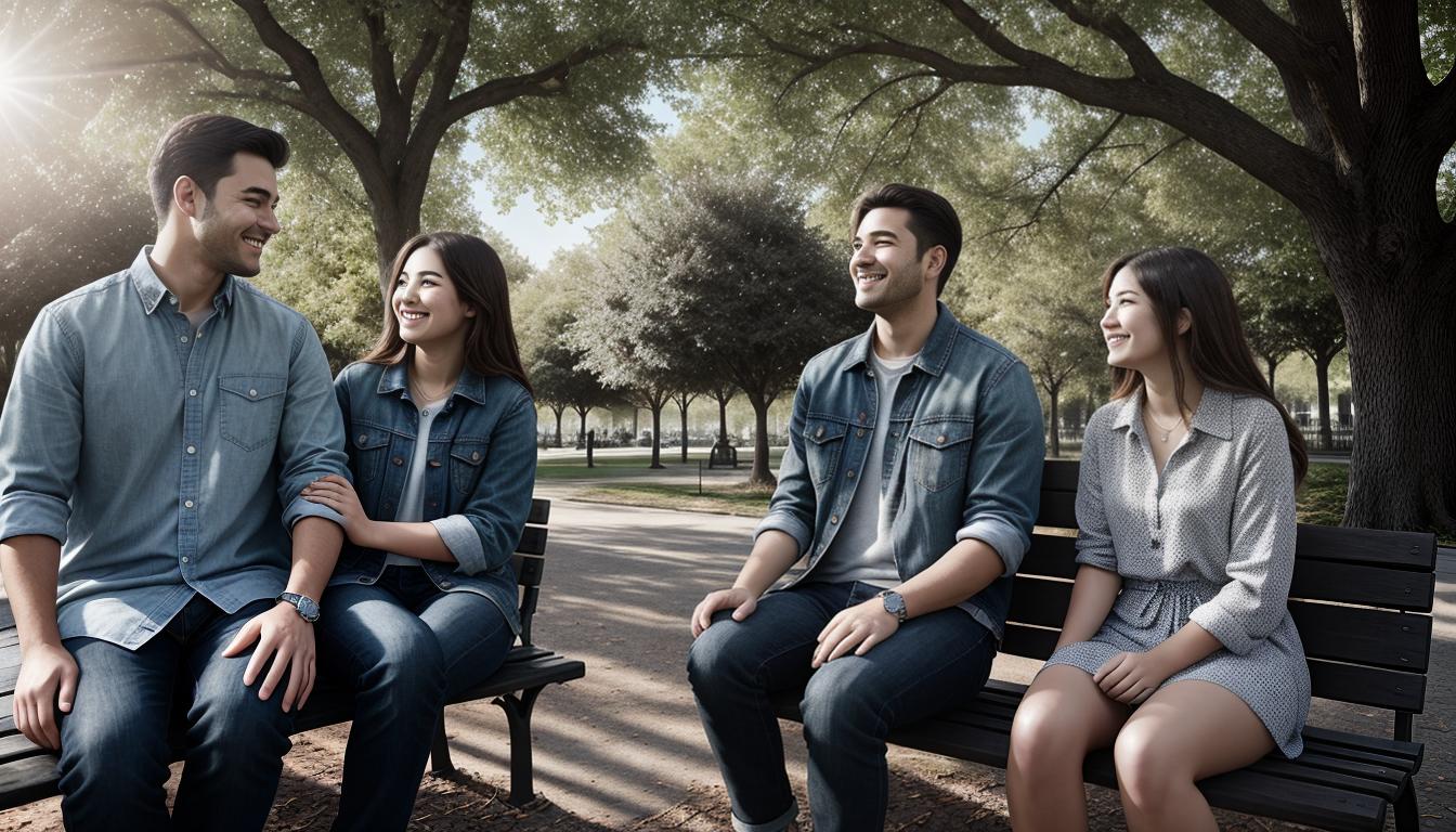  digital illustration, Man and woman sitting on a park bench, woman animatedly discussing with hand gestures, man leaning in, engaging facial expression, sunlight filtering through trees, participatory vibe, looking at viewer, dynamic pose, (intricate details, masterpiece, best quality)