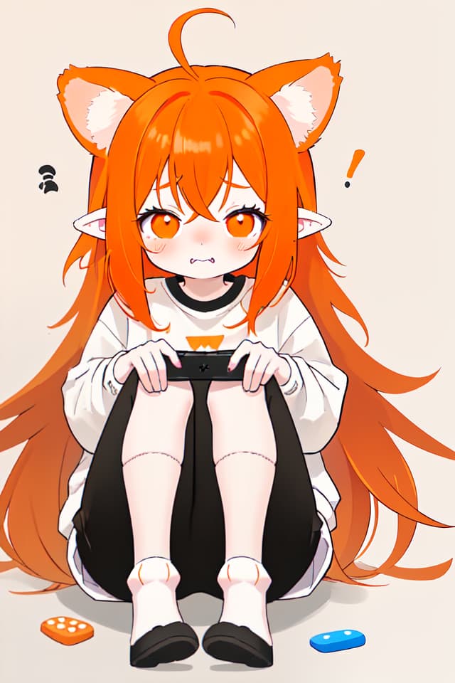  Dog girl with long hair and sagging ears loves to play games,Her shy face is so cute,gaming wear,orange hair