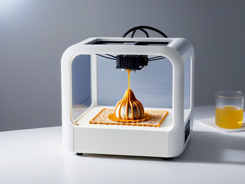  A highresolution image of a sleek, modern 3D printer in action, delicately crafting a detailed and intricate dessert design. The printer is featured in a clean, white minimalistic kitchen setting, with soft natural light illuminating the innovative process. The focus is on the mesmerizing precision of the printer as it meticulously builds up layers to create a stunning edible masterpiece, showcasing the fusion of technology and artistry in the world of pastry design. hyperrealistic, full body, detailed clothing, highly detailed, cinematic lighting, stunningly beautiful, intricate, sharp focus, f/1. 8, 85mm, (centered image composition), (professionally color graded), ((bright soft diffused light)), volumetric fog, trending on instagram, trending on tumblr, HDR 4K, 8K