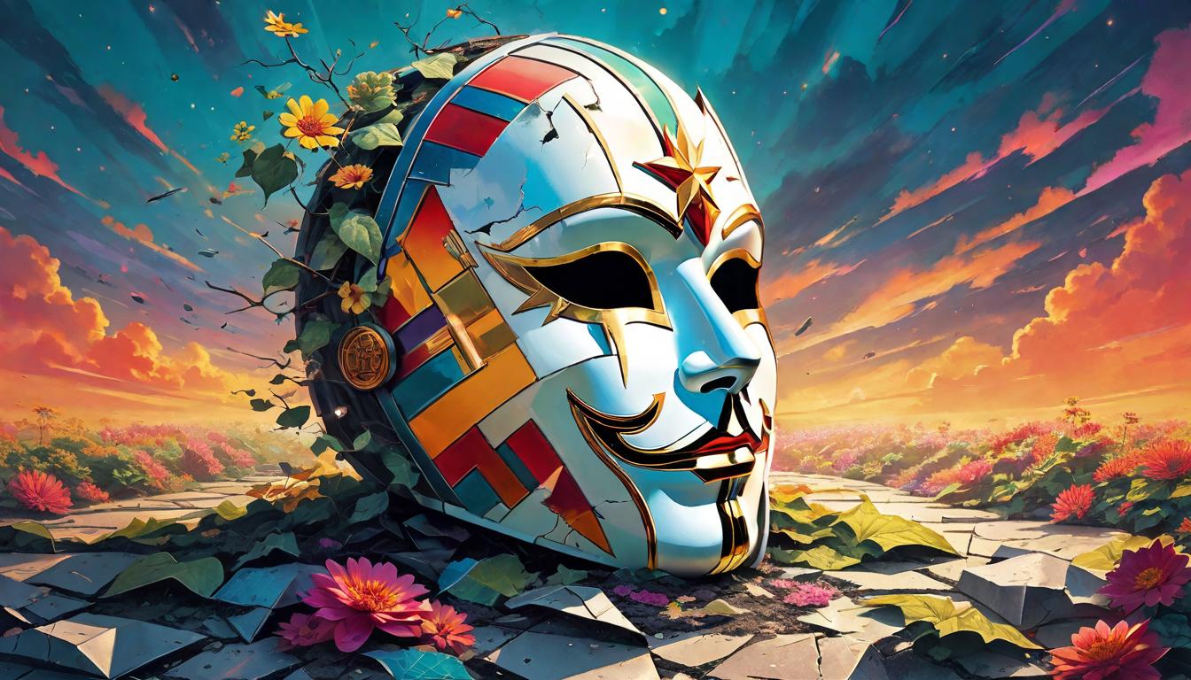  retro futuristic A cracked mask lying discarded on the ground, symbolizing the shedding of societal norms, Behind it, a flourishing garden under a dawn sky rebirth, freedom, The contrast of constraints broken, new beginnings, Life thriving beyond the mask, a nurtured essence lvintage sci fi, 50s and 60s style, atomic age, vibrant, highly detailed