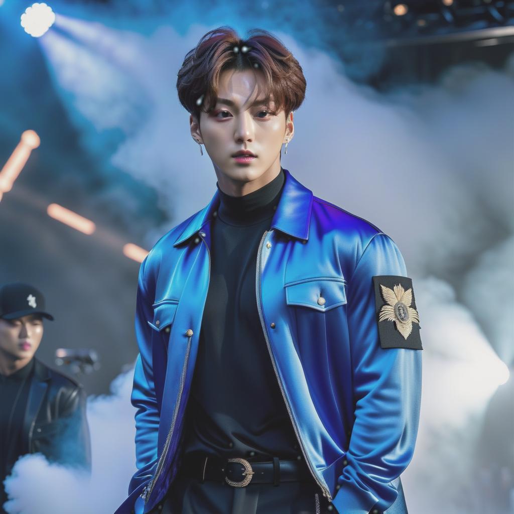  Jeon Jungkook of BTS hyperrealistic, full body, detailed clothing, highly detailed, cinematic lighting, stunningly beautiful, intricate, sharp focus, f/1. 8, 85mm, (centered image composition), (professionally color graded), ((bright soft diffused light)), volumetric fog, trending on instagram, trending on tumblr, HDR 4K, 8K