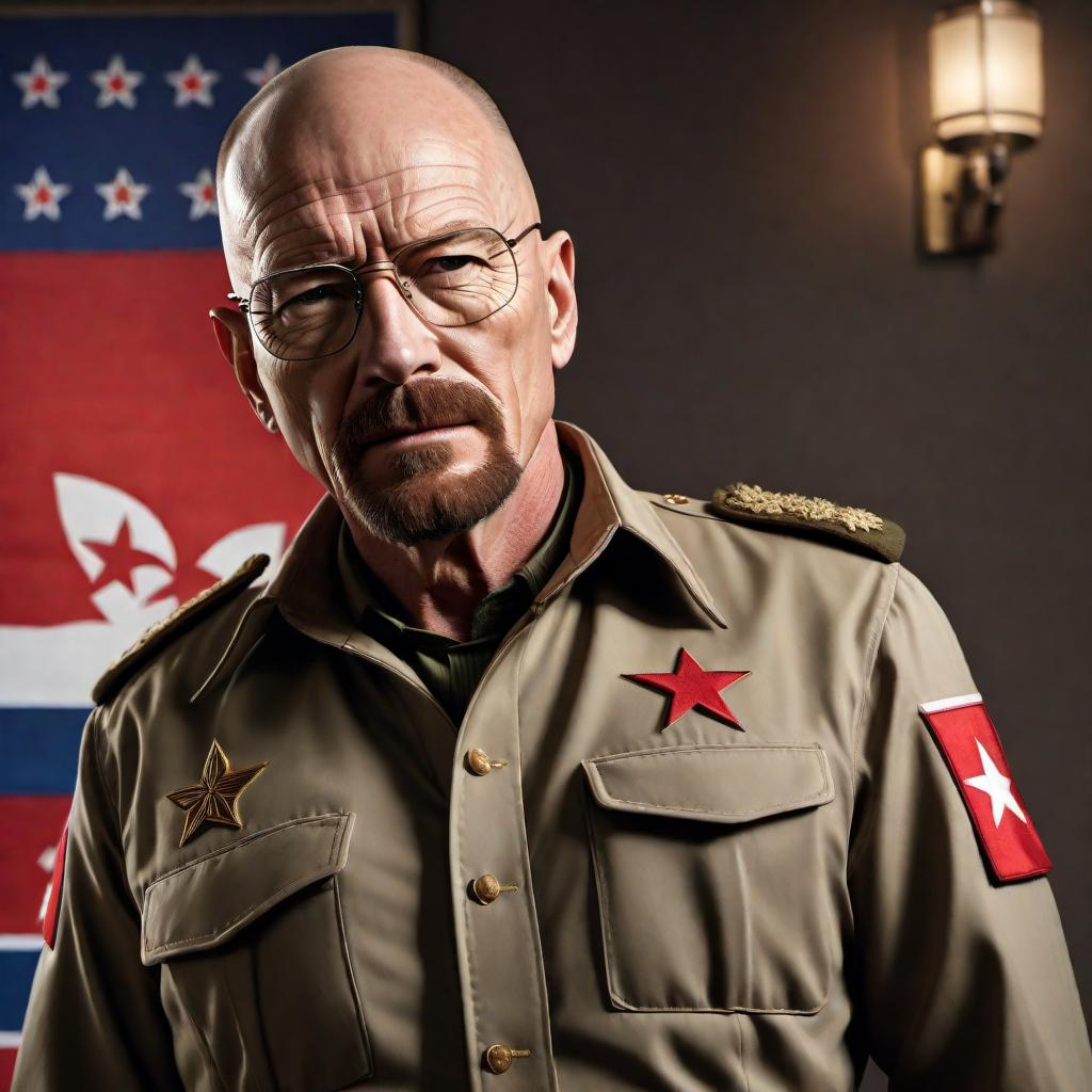  Create an image of Walter White from the TV series "Breaking Bad" dressed in a North Korean army general's uniform, complete with a large general's hat. He should be easily recognizable with his bald head and glasses. The setting is in the Democratic People's Republic of Korea with a realistic North Korean military aesthetic. hyperrealistic, full body, detailed clothing, highly detailed, cinematic lighting, stunningly beautiful, intricate, sharp focus, f/1. 8, 85mm, (centered image composition), (professionally color graded), ((bright soft diffused light)), volumetric fog, trending on instagram, trending on tumblr, HDR 4K, 8K