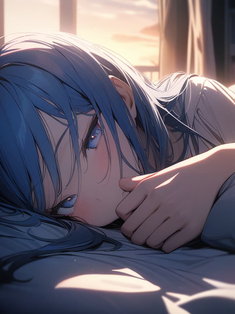  Gles, sunset, white, , long hair, embarring, gles , lying on your back, bedroom, blue hair, huge s., masterpiece, best quality,8k,ultra detailed,high resolution,an extremely delicate and beautiful,hyper detail