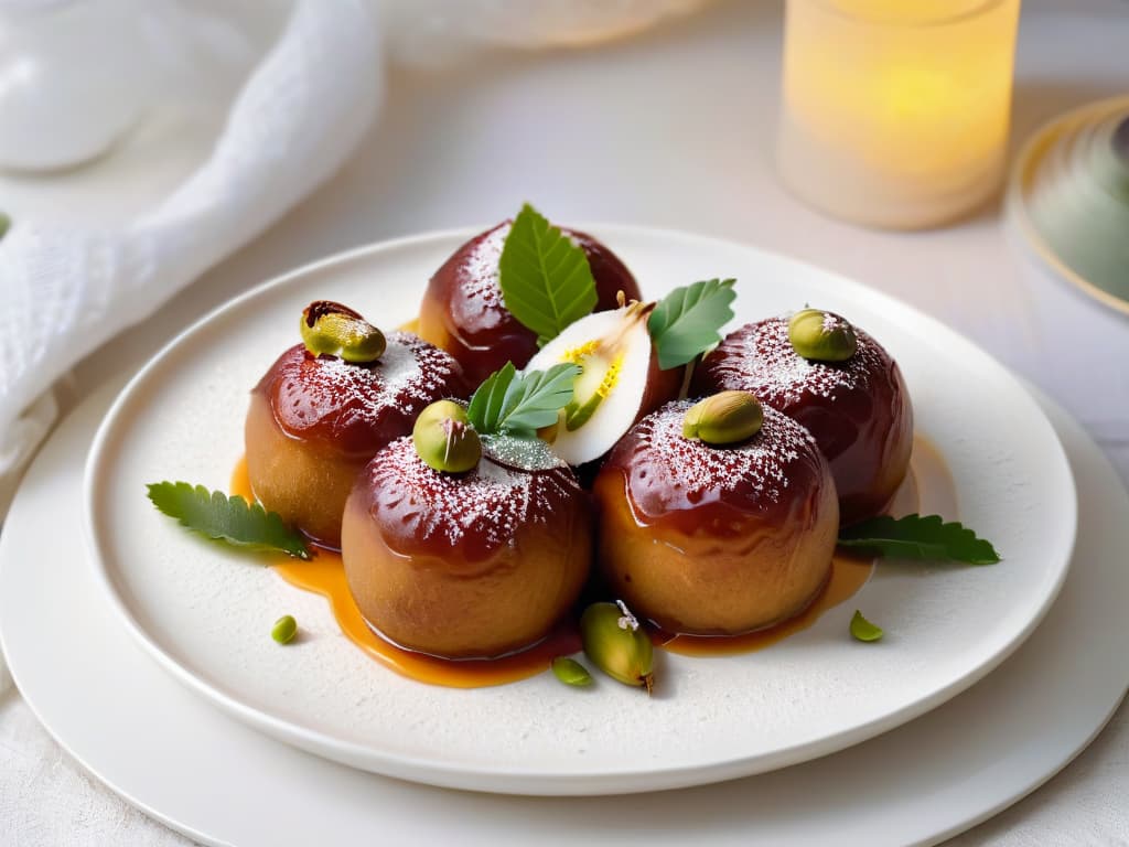  A closeup, ultradetailed image of a vibrant, intricately decorated Indian dessert known as Gulab Jamun. The dessert is perfectly round, glistening with a sugary syrup, and topped with finely chopped pistachios and a delicate silver leaf, all set on a pristine white plate with a subtle floral motif. The lighting is soft, enhancing the rich colors of the dessert and creating a luxurious, inviting atmosphere that embodies the essence of Indian pastry artistry. hyperrealistic, full body, detailed clothing, highly detailed, cinematic lighting, stunningly beautiful, intricate, sharp focus, f/1. 8, 85mm, (centered image composition), (professionally color graded), ((bright soft diffused light)), volumetric fog, trending on instagram, trending on tumblr, HDR 4K, 8K