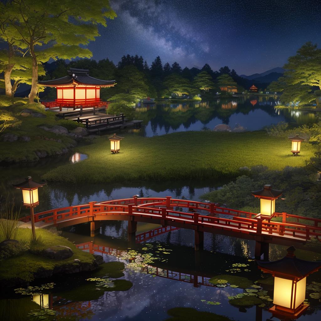  masterpiece, best quality,(fidelity: 1.4), best quality, masterpiece, ultra high resolution, 8k resolution, night view inspired by Japanese art, featuring a garden illuminated by paper lanterns and a wooden bridge spanning a tranquil lake with a small Zen temple by the lake. The water reflects the stars.