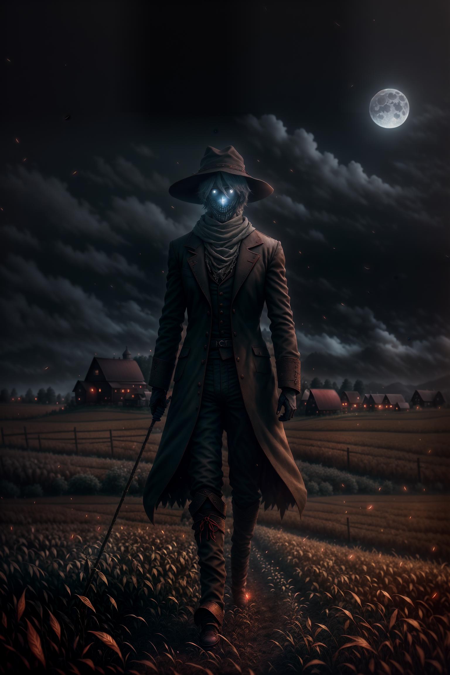  Harold, (male:1.3),(scarecrow characteristics:1.2), (body made of straw), (skinny and shriveled), (arms and legs tied to sticks), (rigid form), (hollow gaze:1.0), (no actual eyes), (glowing with an eerie light at night), (sinister smile:1.0), (stitched on a terrifying and twisted smile), (evil aura:1.0), (surrounded by dark red or black energy flow), (farmland environment:1.2), (main scene is farm fields and rice fields), (old fences), (blurry barn visible in the distance), (dim lighting:1.0), (story set under the moon), (creating a gloomy, oppressive, and helpless feeling), (bird element:0.8), (crows flying in the air), (increasing a sinister and terrifying atmosphere), (wind element:0.7), (depicting strong winds blowing through the rice f hyperrealistic, full body, detailed clothing, highly detailed, cinematic lighting, stunningly beautiful, intricate, sharp focus, f/1. 8, 85mm, (centered image composition), (professionally color graded), ((bright soft diffused light)), volumetric fog, trending on instagram, trending on tumblr, HDR 4K, 8K
