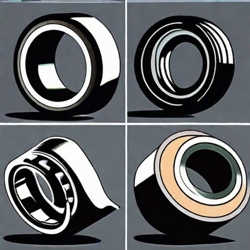  A picture of different types of bearings including spherical, spring, cylindrical, and tapered bearings, all placed together on a dark surface with a simple background. The image must clearly depict the details and physical structure features of each type of bearing.