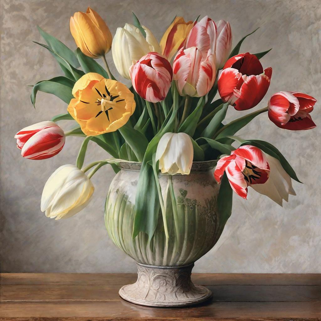  masterpiece, best quality,A Dutch still life of an arrangement of tulips in a fluted vase. The lighting is subtle, casting gentle highlights on the flowers and emphasizing their delicate details and natural beauty